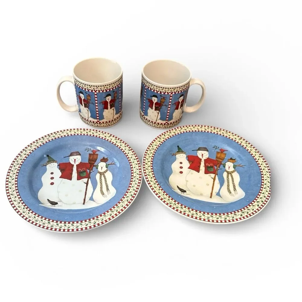 Vintage Debbie Mumm Sakura Snowmen Coffee Mug And Salad Plate Set